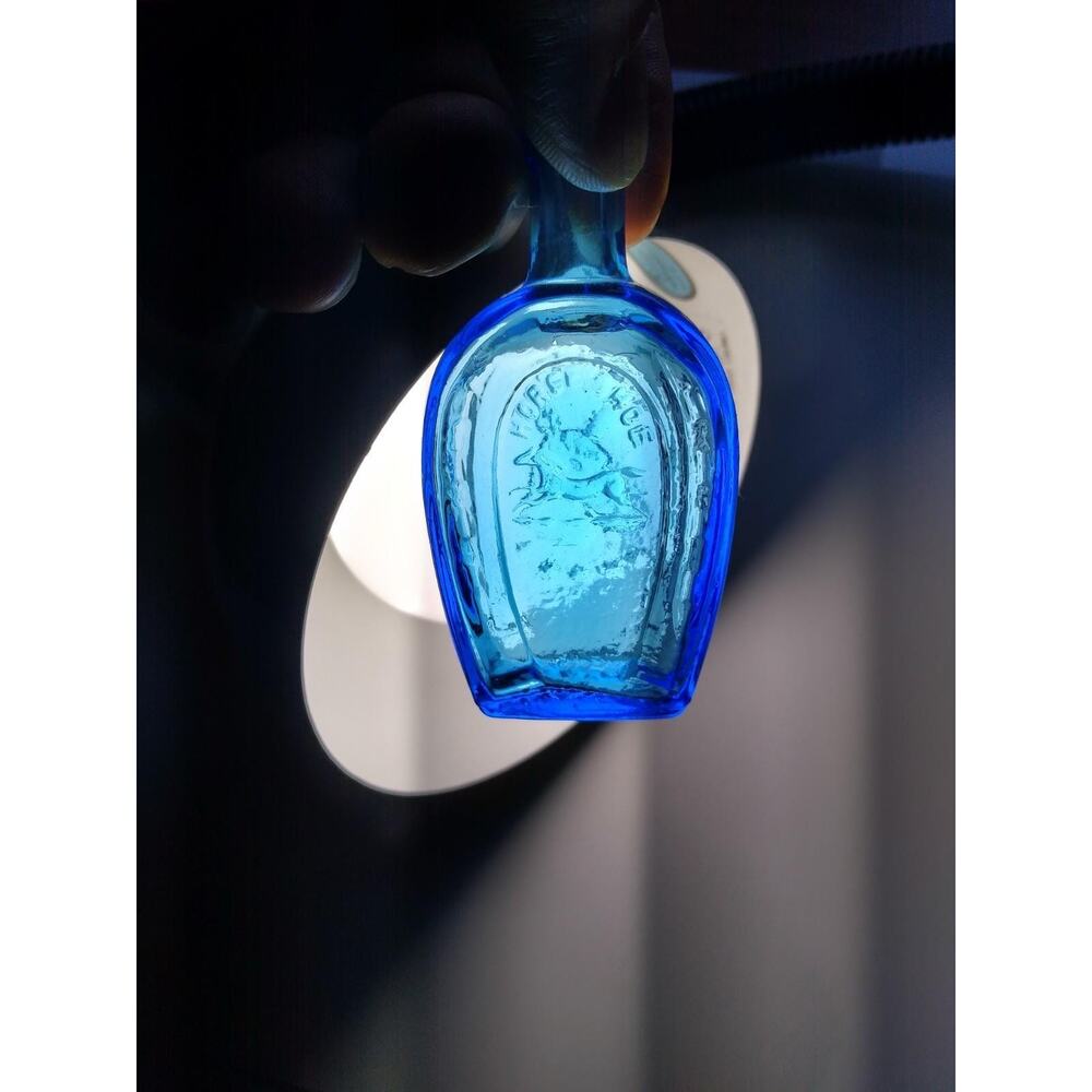 Wheaton Blue Carnival Glass Bottle Horse Shoe Bitters Medicine 1970's Mini 3" NJ